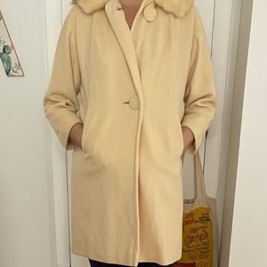 Vintage cashmere real fur trim pea coat 3/4 sleeve